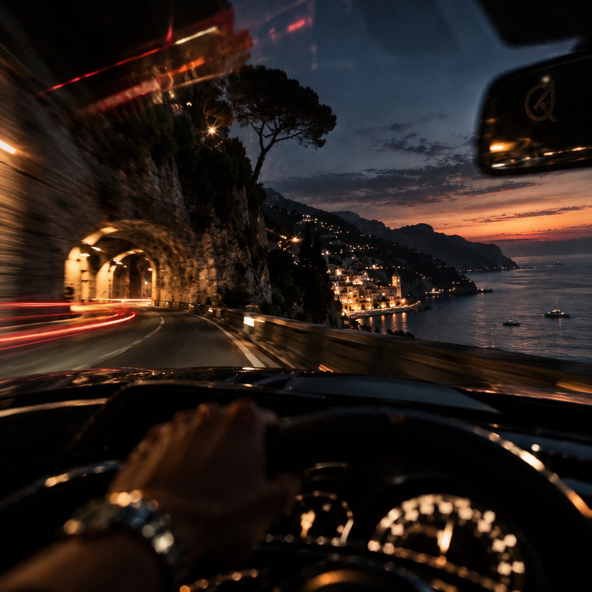 Night driving — single cover: a coast road at dusk seen from behind the wheel